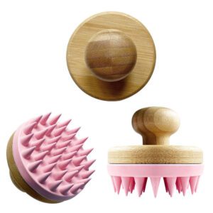 Scalp massager shampoo massage brush with bamboo handle and silicone tips for wet and dry use.