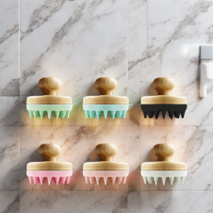 Scalp massager shampoo massage brush with bamboo handle and silicone tips for wet and dry use.