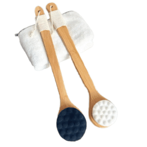 Shower back scrubber with a long wooden handle and soft cleansing pad, designed for bathing and body care.