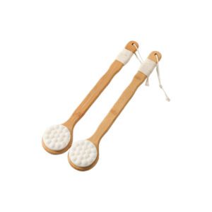 Shower back scrubber with a long wooden handle and soft cleansing pad, designed for bathing and body care.