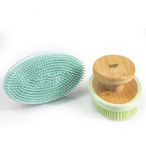 Silicone bath brush with bamboo handle for cleaning and exfoliating, featuring a soft grip design.