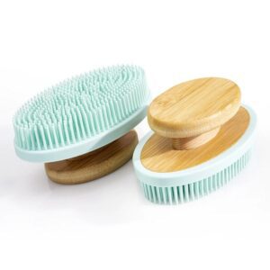 Silicone bath brush with bamboo handle for cleaning and exfoliating, featuring a soft grip design.