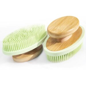 Silicone bath brush with bamboo handle for cleaning and exfoliating, featuring a soft grip design.