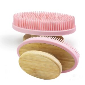 Silicone bath brush with bamboo handle for cleaning and exfoliating, featuring a soft grip design.
