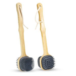 Silicone bath brush with a long bamboo handle, featuring durable silicone bristles ideal for exfoliating and back scrubbing.