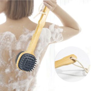 Silicone bath brush with a long bamboo handle, featuring durable silicone bristles ideal for exfoliating and back scrubbing.