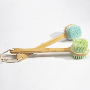 Silicone bath brush with a long bamboo handle, featuring durable silicone bristles ideal for exfoliating and back scrubbing.
