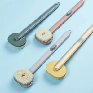 Silicone body brush for bathing and showering with long handle design.