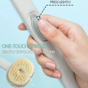 Silicone body brush for bathing and showering with long handle design.