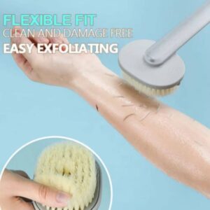 Silicone body brush for bathing and showering with long handle design.