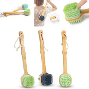 Silicone massage brush with a long wooden handle, featuring soft silicone bristles for bathing, exfoliation, and body massage.