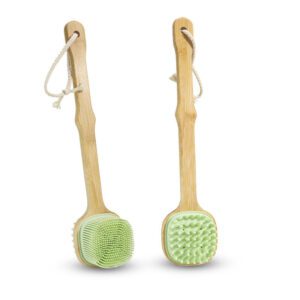 Silicone massage brush with a long wooden handle, featuring soft silicone bristles for bathing, exfoliation, and body massage.