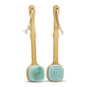 Silicone massage brush with a long wooden handle, featuring soft silicone bristles for bathing, exfoliation, and body massage.