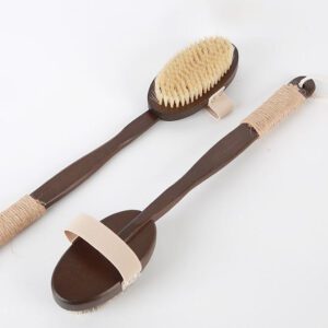Soft bristle bath brush with a bamboo handle, featuring natural boar bristles and horsehair/sisal fibers for gentle exfoliation.