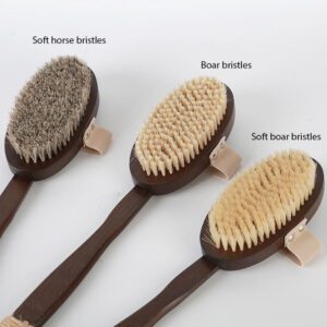 Soft bristle bath brush with a bamboo handle, featuring natural boar bristles and horsehair/sisal fibers for gentle exfoliation.