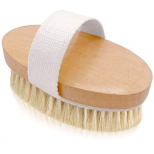 Wooden bath brush with sisal bristles for dry skin brushing and body exfoliation.