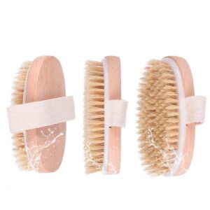 Wooden bath brush with sisal bristles for dry skin brushing and body exfoliation.