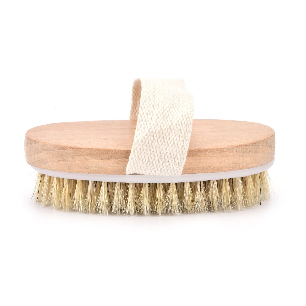 Wooden bath brush with sisal bristles for dry skin brushing and body exfoliation.