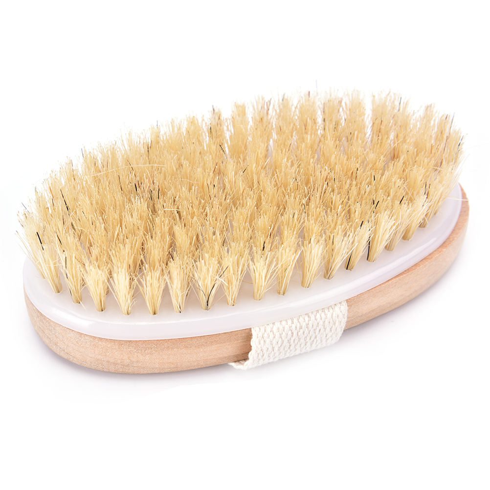 Wooden bath brush with sisal bristles for dry skin brushing and body exfoliation.
