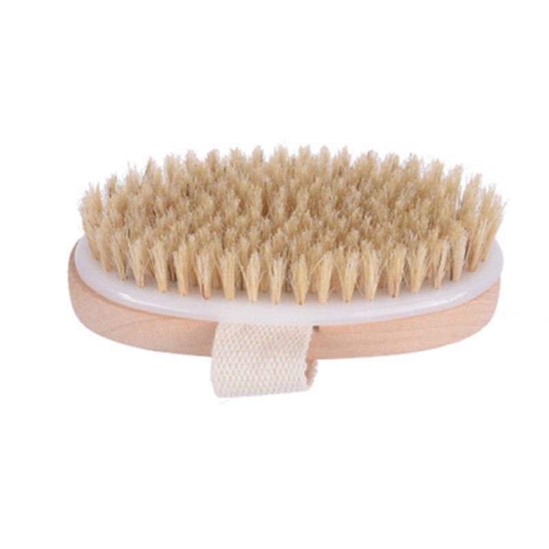 Wooden bath brush with sisal bristles for dry skin brushing and body exfoliation.