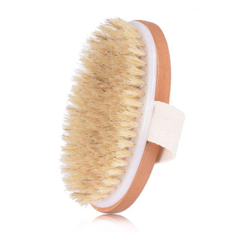 Wooden bath brush with sisal bristles for dry skin brushing and body exfoliation.
