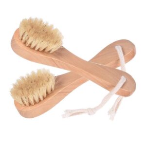 Wooden bath brush with natural bristles and ergonomic handle, designed as an exfoliating shower scrubber.
