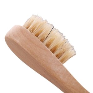 Wooden bath brush with natural bristles and ergonomic handle, designed as an exfoliating shower scrubber.