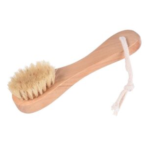 Wooden bath brush with natural bristles and ergonomic handle, designed as an exfoliating shower scrubber.