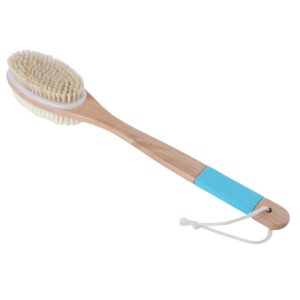 Wooden bath brush with long handle, natural bristles, and silicone grip, suitable for dry body brushing and custom logo branding.