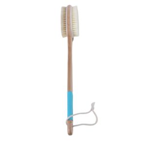 Wooden bath brush with long handle, natural bristles, and silicone grip, suitable for dry body brushing and custom logo branding.