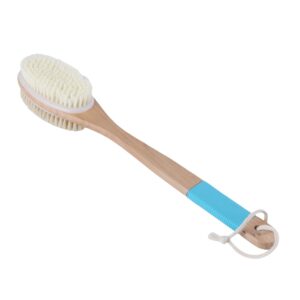 Wooden bath brush with long handle, natural bristles, and silicone grip, suitable for dry body brushing and custom logo branding.