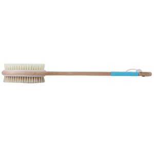 Wooden bath brush with long handle, natural bristles, and silicone grip, suitable for dry body brushing and custom logo branding.
