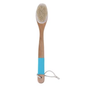 Wooden bath brush with long handle, natural bristles, and silicone grip, suitable for dry body brushing and custom logo branding.