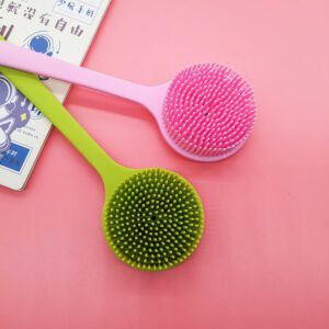 amazing silicon bath brush with a long handle for effective exfoliation and back scrubbing in the shower or bath.