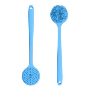 amazing silicon bath brush with a long handle for effective exfoliation and back scrubbing in the shower or bath.