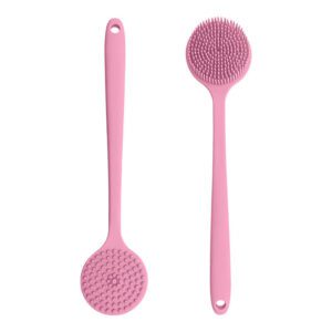 amazing silicon bath brush with a long handle for effective exfoliation and back scrubbing in the shower or bath.