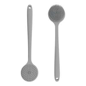 amazing silicon bath brush with a long handle for effective exfoliation and back scrubbing in the shower or bath.