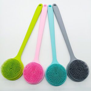 amazing silicon bath brush with a long handle for effective exfoliation and back scrubbing in the shower or bath.