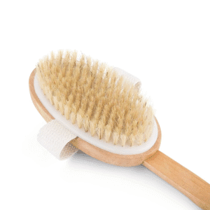 Long handle brush for bathing with natural wood handle and soft bristles, designed for full-body exfoliation.