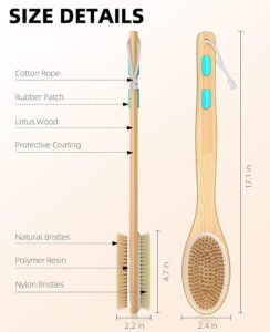 Long handle shower brush with natural bristles and non-slip grip, designed as a body scrubber tool suitable for wet or dry use.