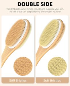 Long handle shower brush with natural bristles and non-slip grip, designed as a body scrubber tool suitable for wet or dry use.