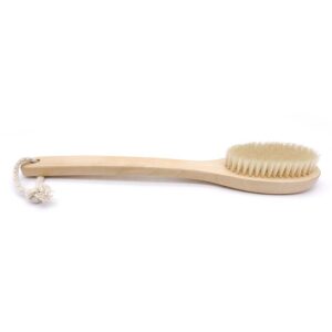 Natural bristle scrub brush with a long wooden handle, featuring soft boar bristles for gentle exfoliation during bathing.