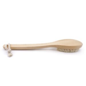 Natural bristle scrub brush with a long wooden handle, featuring soft boar bristles for gentle exfoliation during bathing.