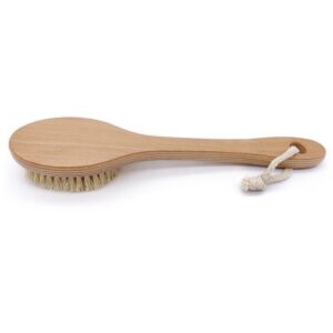 Natural bristle scrub brush with a long wooden handle, featuring soft boar bristles for gentle exfoliation during bathing.