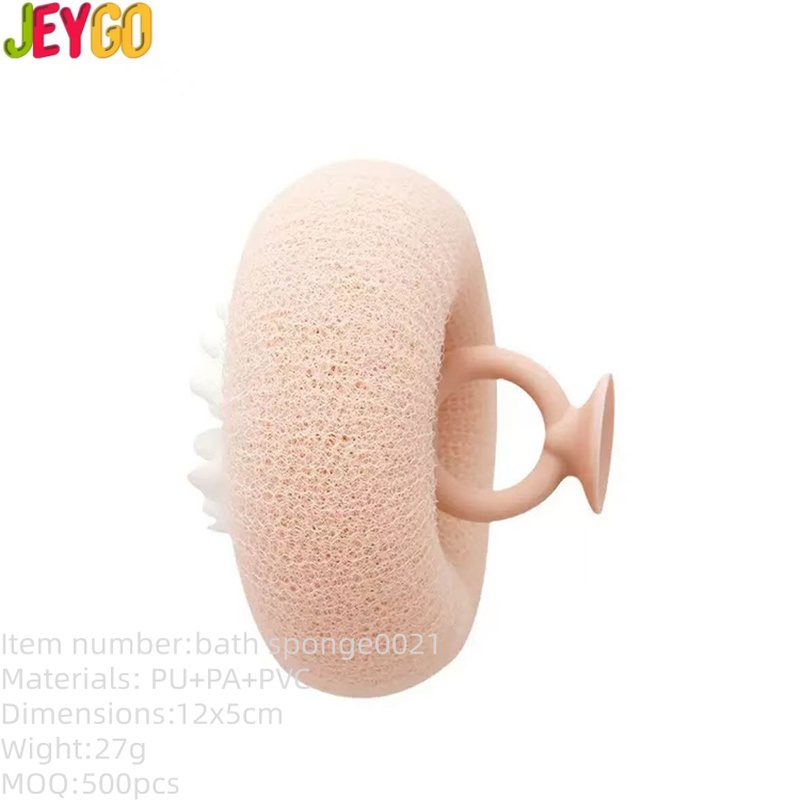 Bath sponge with suction cup handle for exfoliating and body cleaning in shower