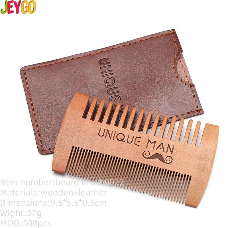small wooden beard comb with leather case for men grooming and mustache styling