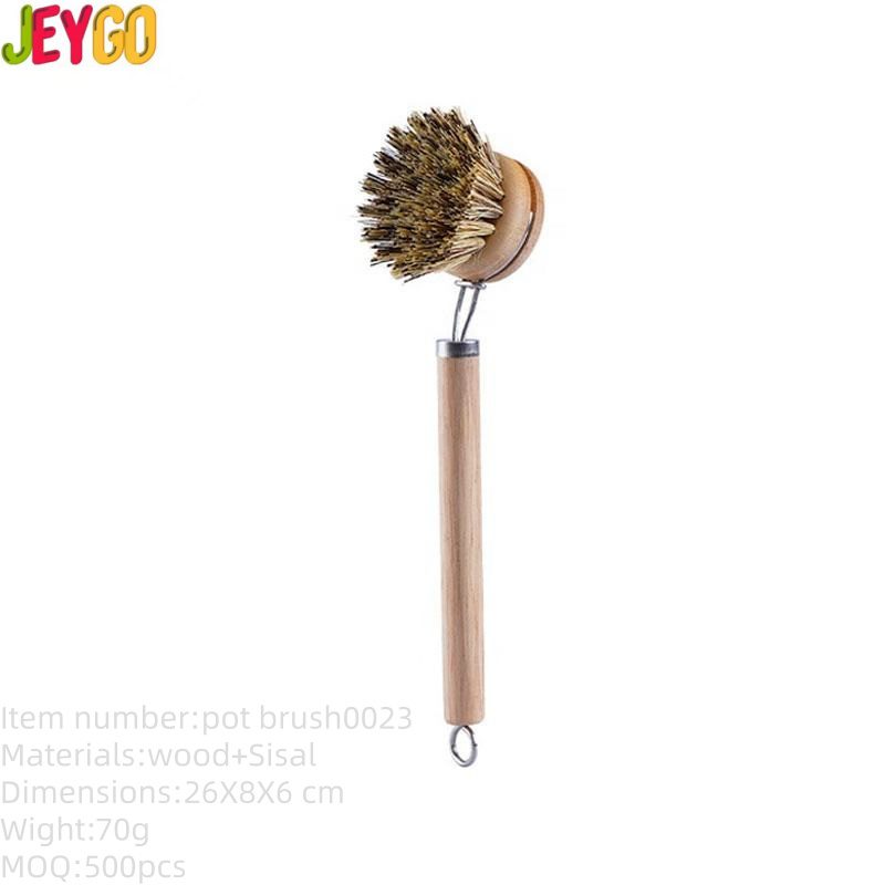 Long handle kitchen brush with wooden head and sisal bristles for scrubbing pots and dishes