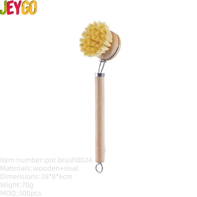 Long handle dish brush with beech wood handle and sisal bristles for cleaning kitchen utensils