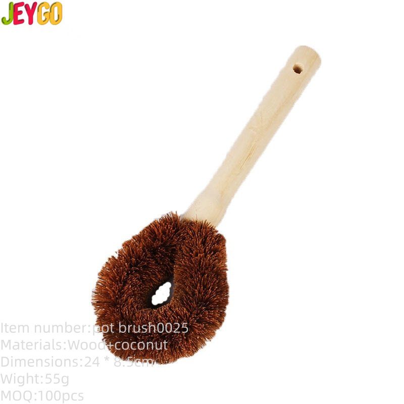 Bamboo handle dish brush with coconut fiber bristles for cleaning pots, pans, and kitchenware