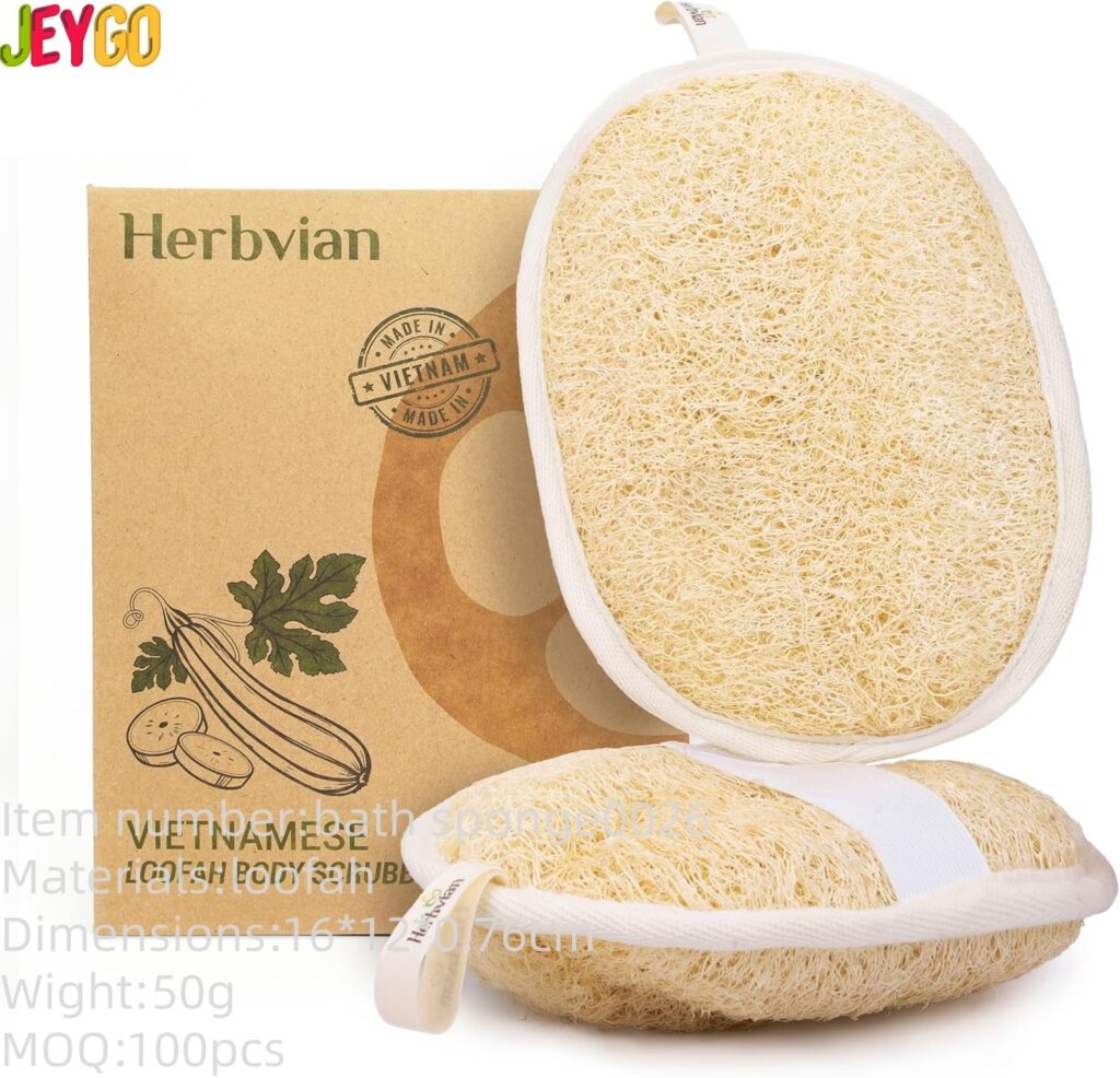 Natural loofah body scrubber pad with hand strap for exfoliating and cleaning skin in shower